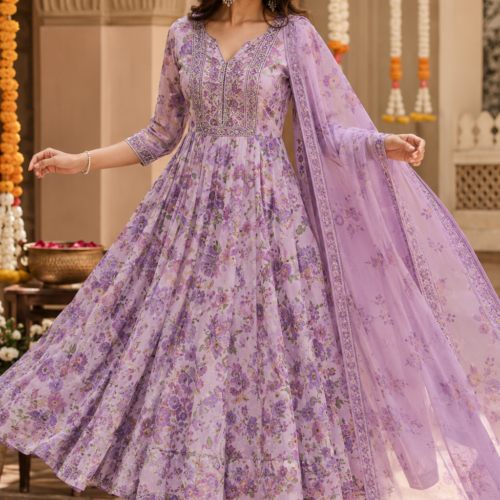 RANGRITI Women’s Elegant Printed Anarkali Suit Set with Dupatta